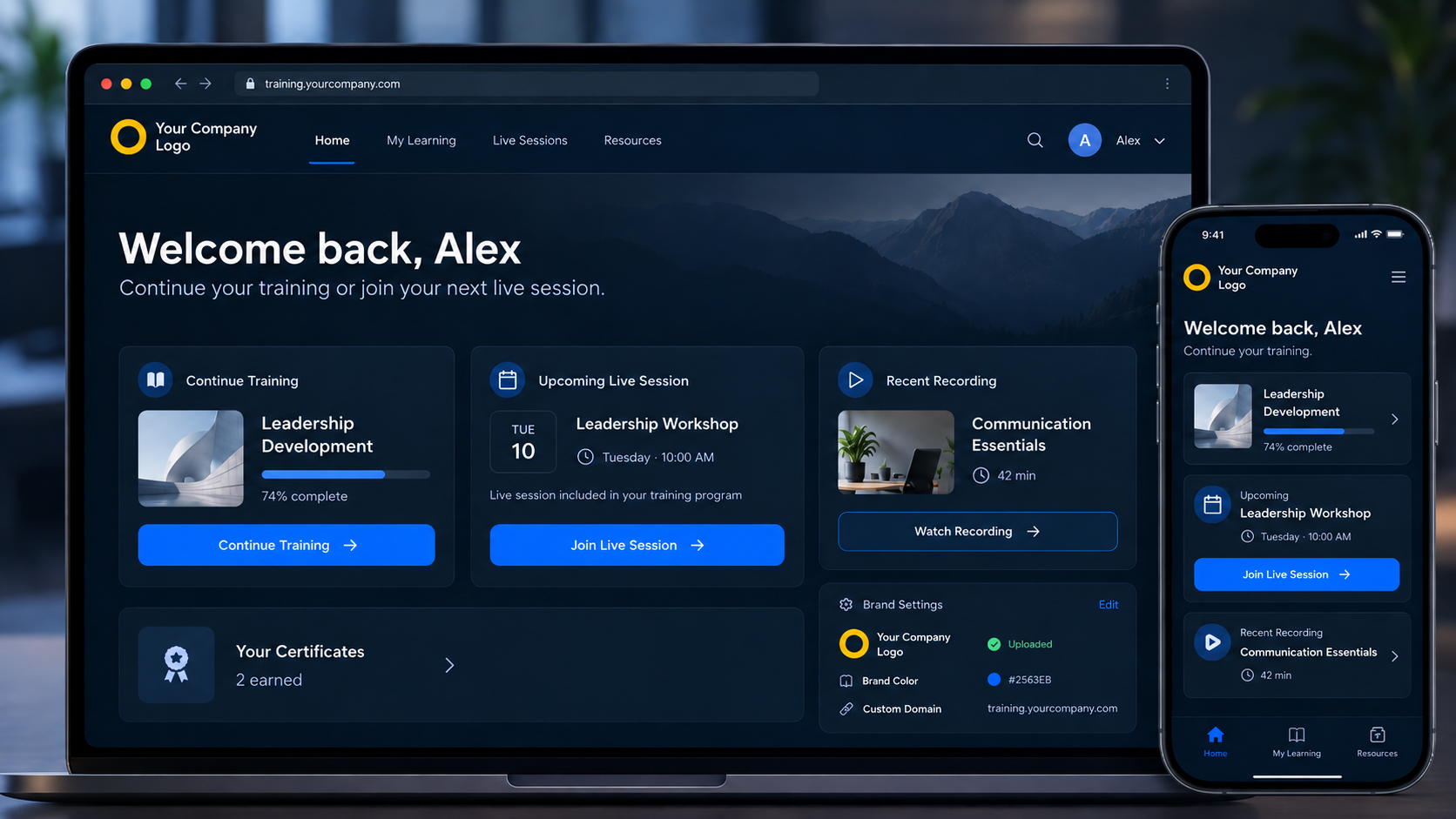 Branded training portal on desktop and smartphone showing training.yourcompany.com with the customer's own logo, brand colors, and layout